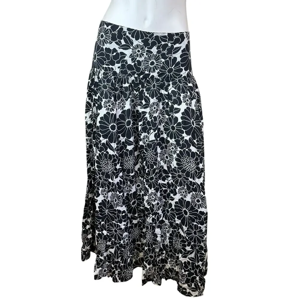 By Anthropologie Black White Floral Tiered Maxi Skirt L